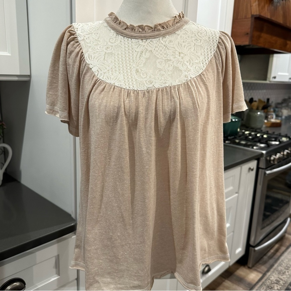 Hem & Thread Lace Bib Collar Short Sleeve Granny Core Peasant Prairie Top Size S